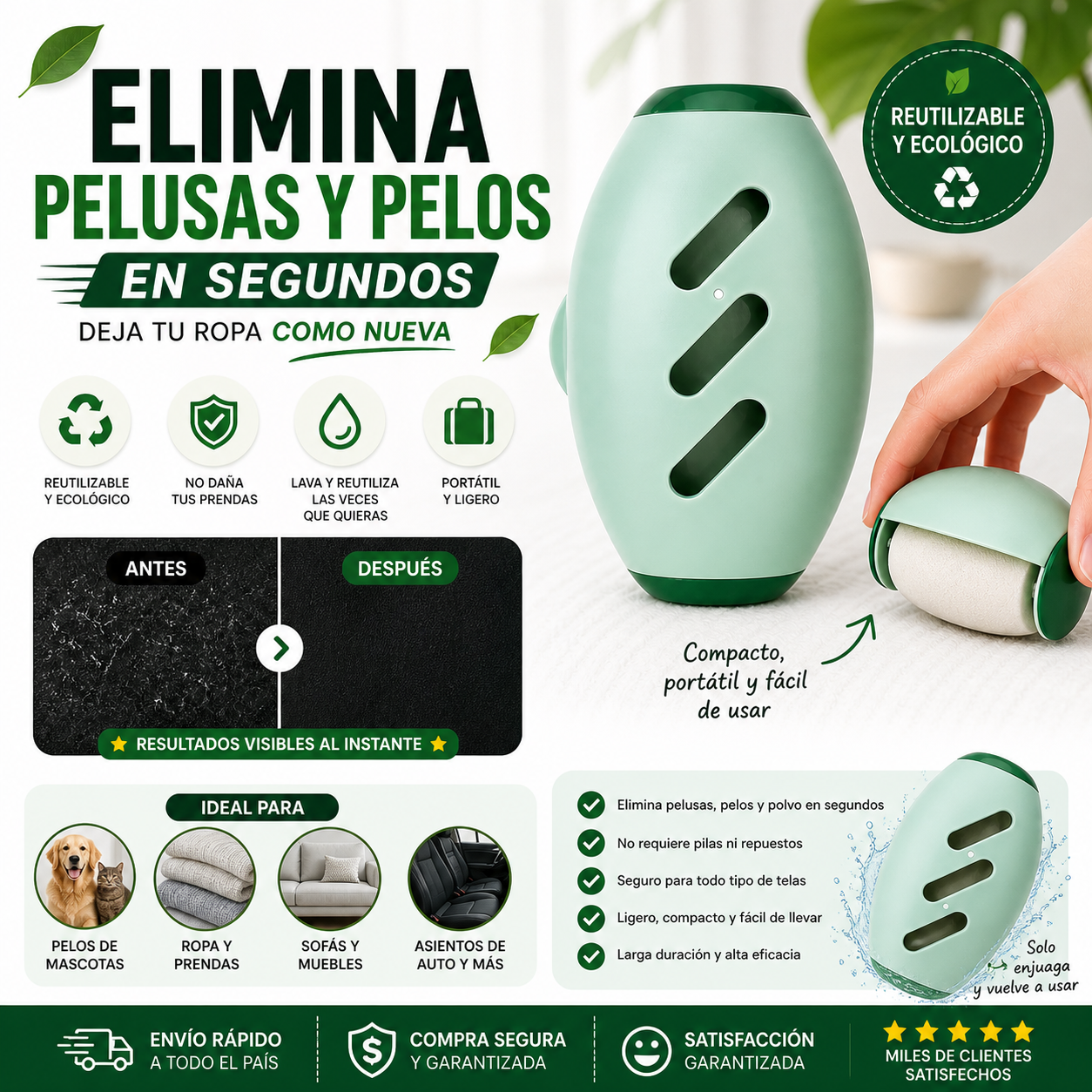 Elimina Pelusas y Pelos en Segundos | Reutilizable y Portátil